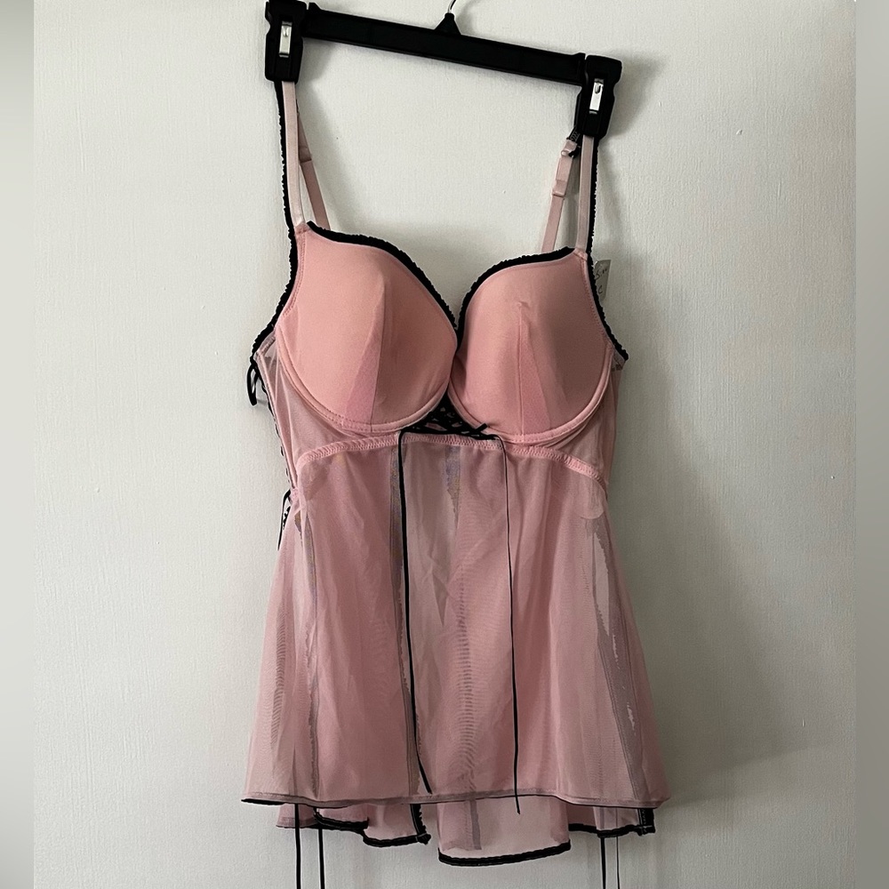 Pink Baby Doll Lingerie With Black Lace Trim and Ribbons